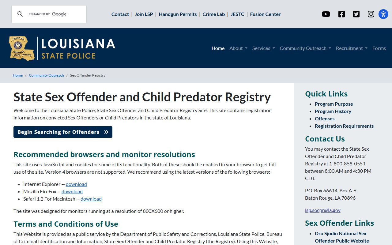 Louisiana State Police sex offender registry information page