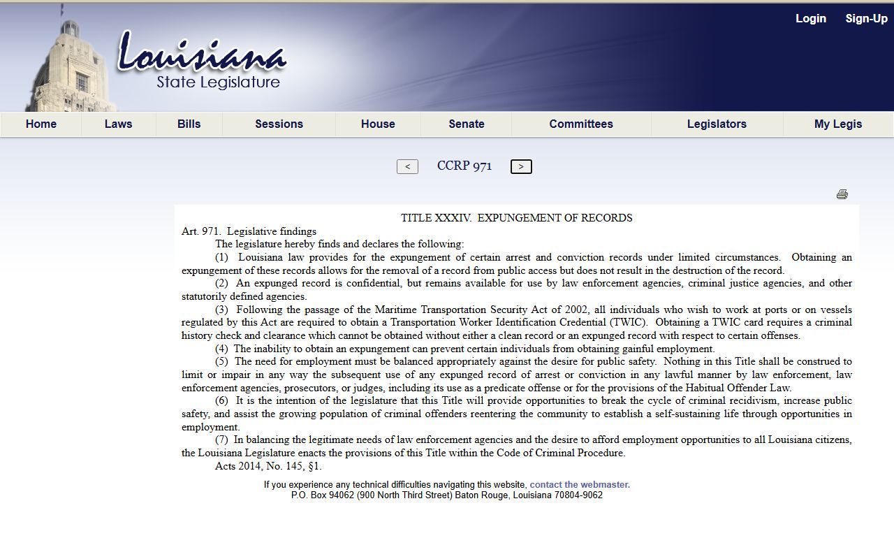 Ascension Parish criminal court records Louisiana expungement law