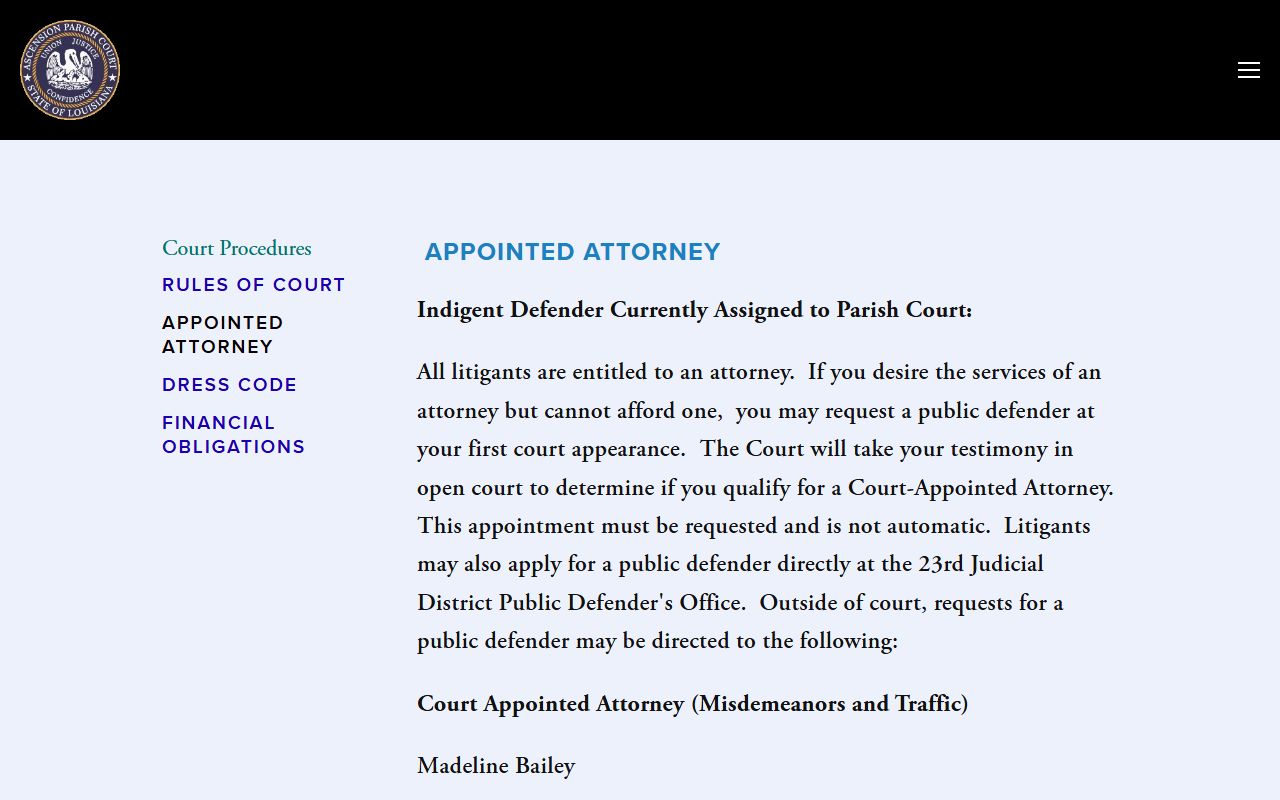 Ascension Parish criminal court records Parish Court appointed attorney information