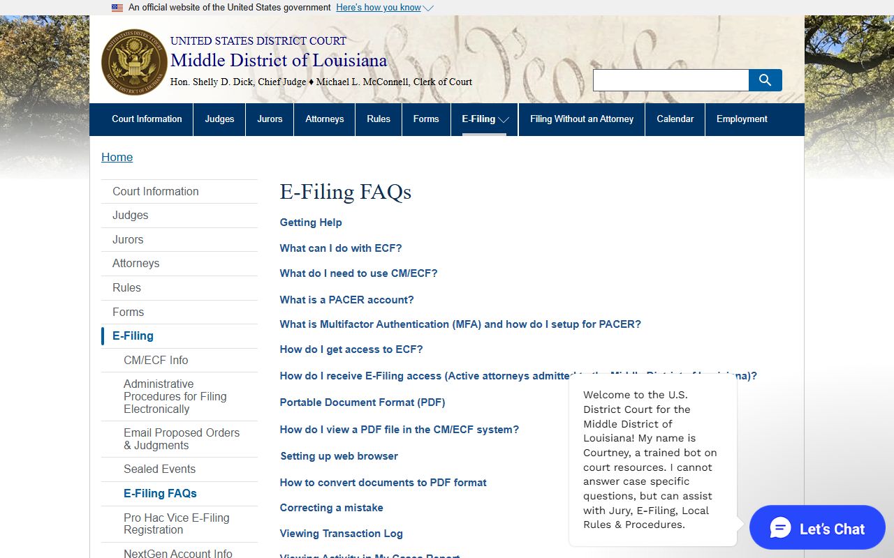Middle District of Louisiana e-filing and PACER FAQ