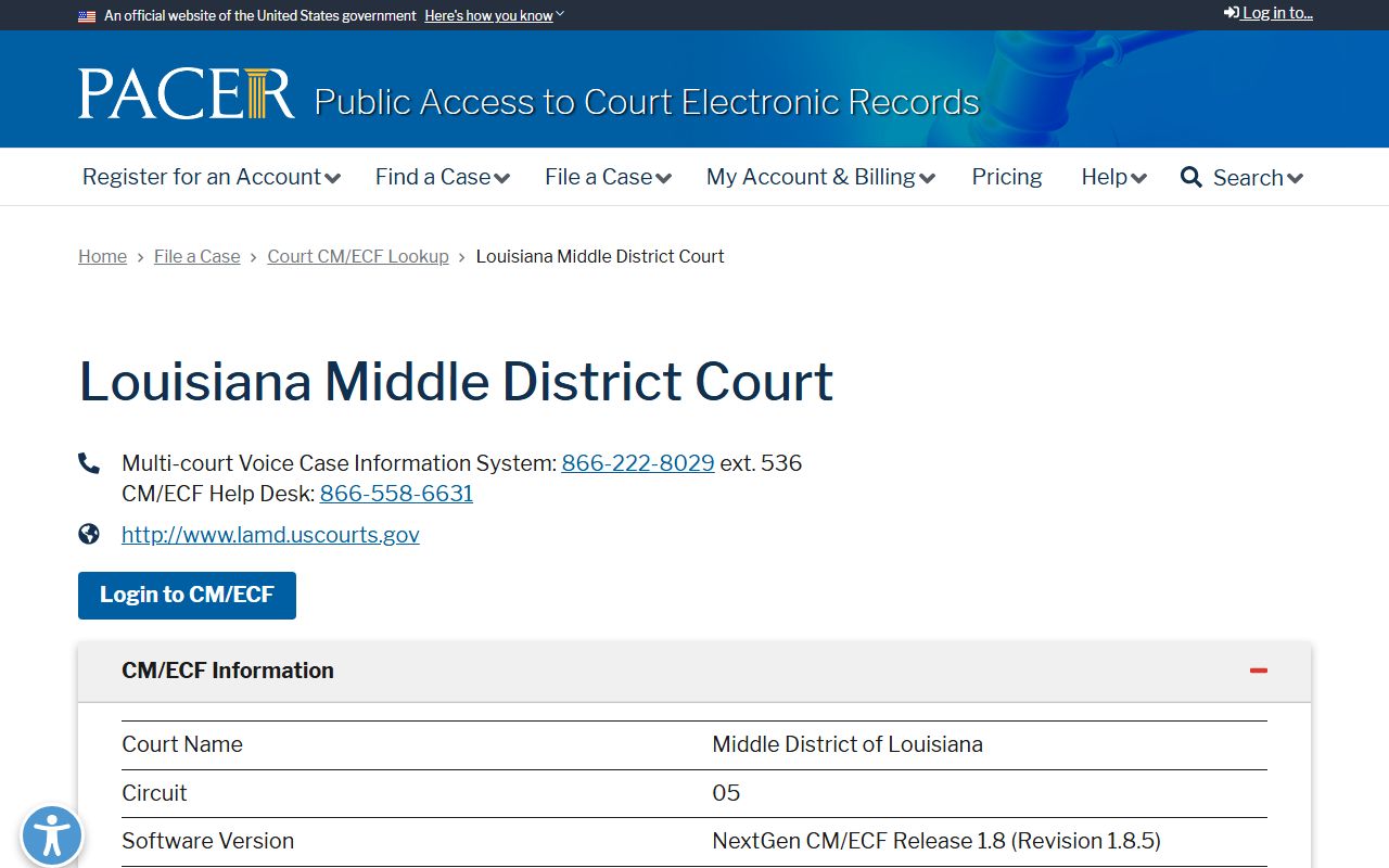 PACER lookup for U.S. District Court Middle District of Louisiana