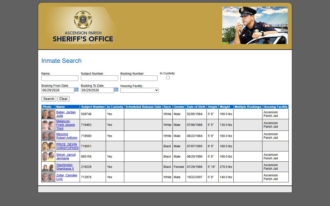 Ascension Parish inmate search court records custody lookup