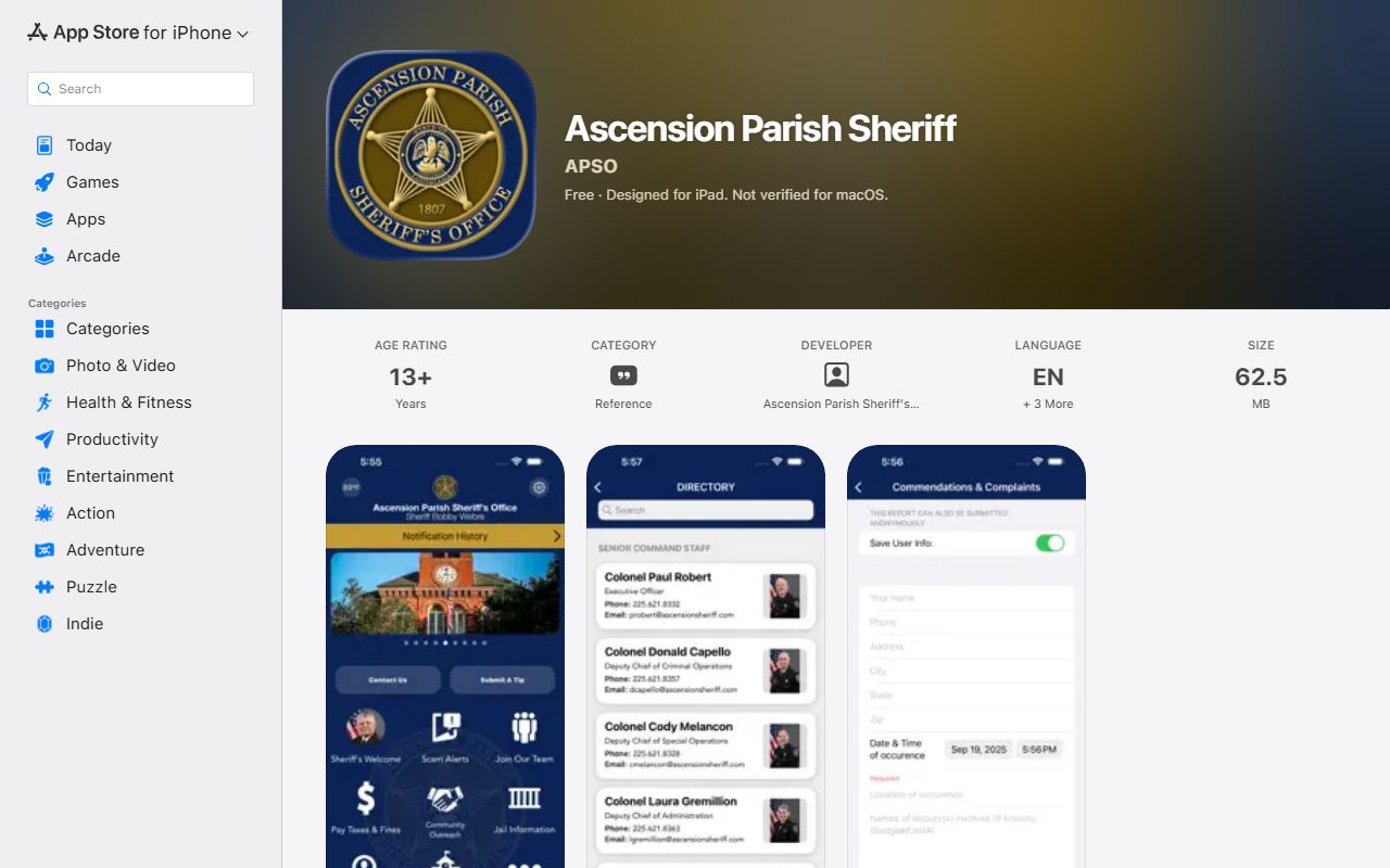 Ascension Parish inmate search Ascension Sheriff Apple app listing