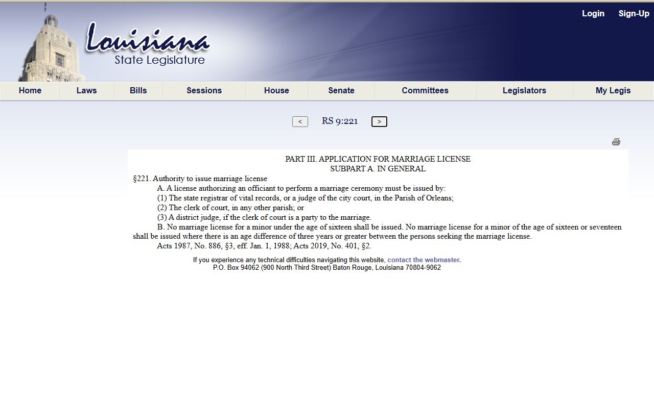 Louisiana law page for marriage-license issuing authority