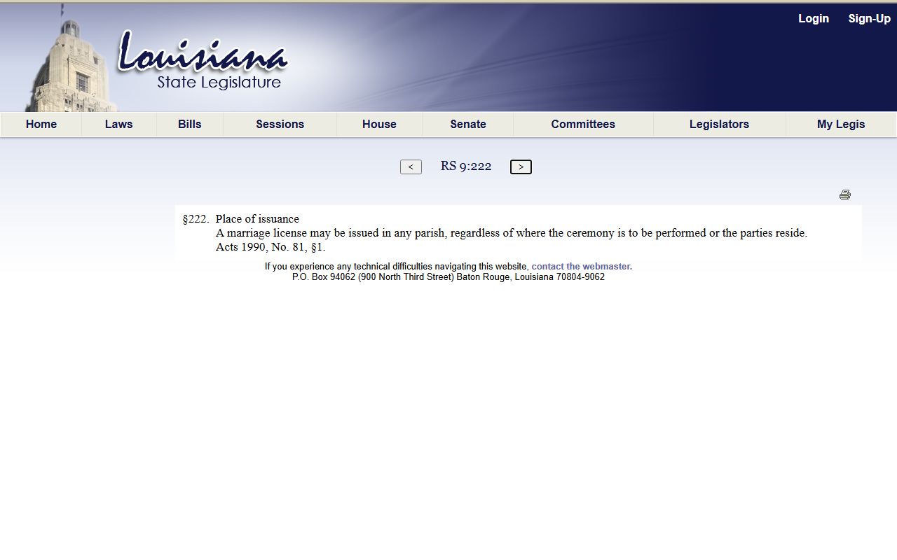 Louisiana law page stating a marriage license may be issued in any parish