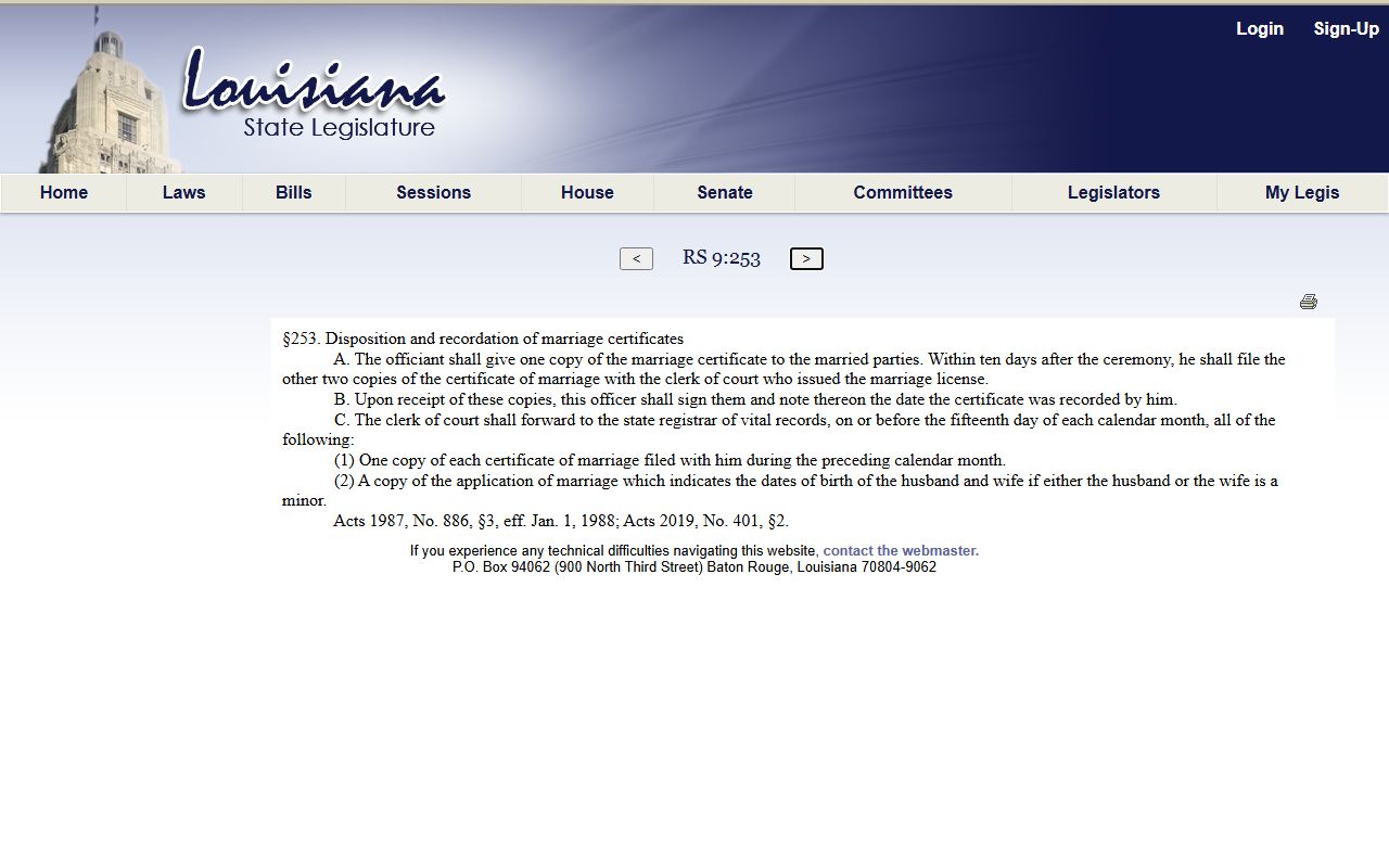 Louisiana marriage-certificate return and recording statute