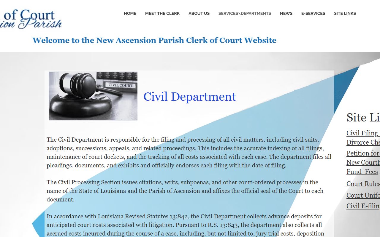 Ascension Parish Clerk Civil Department page listing successions