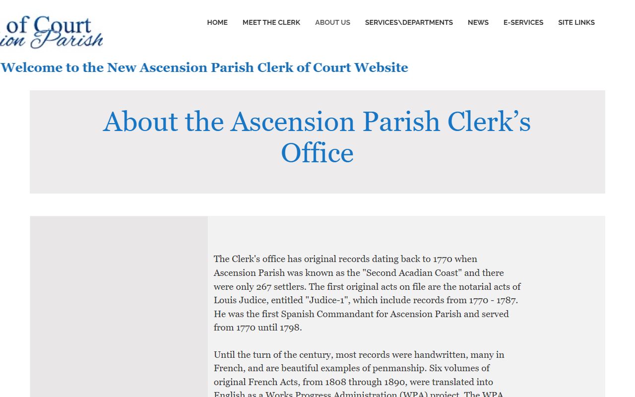 Ascension Parish Clerk history page for historic probate records
