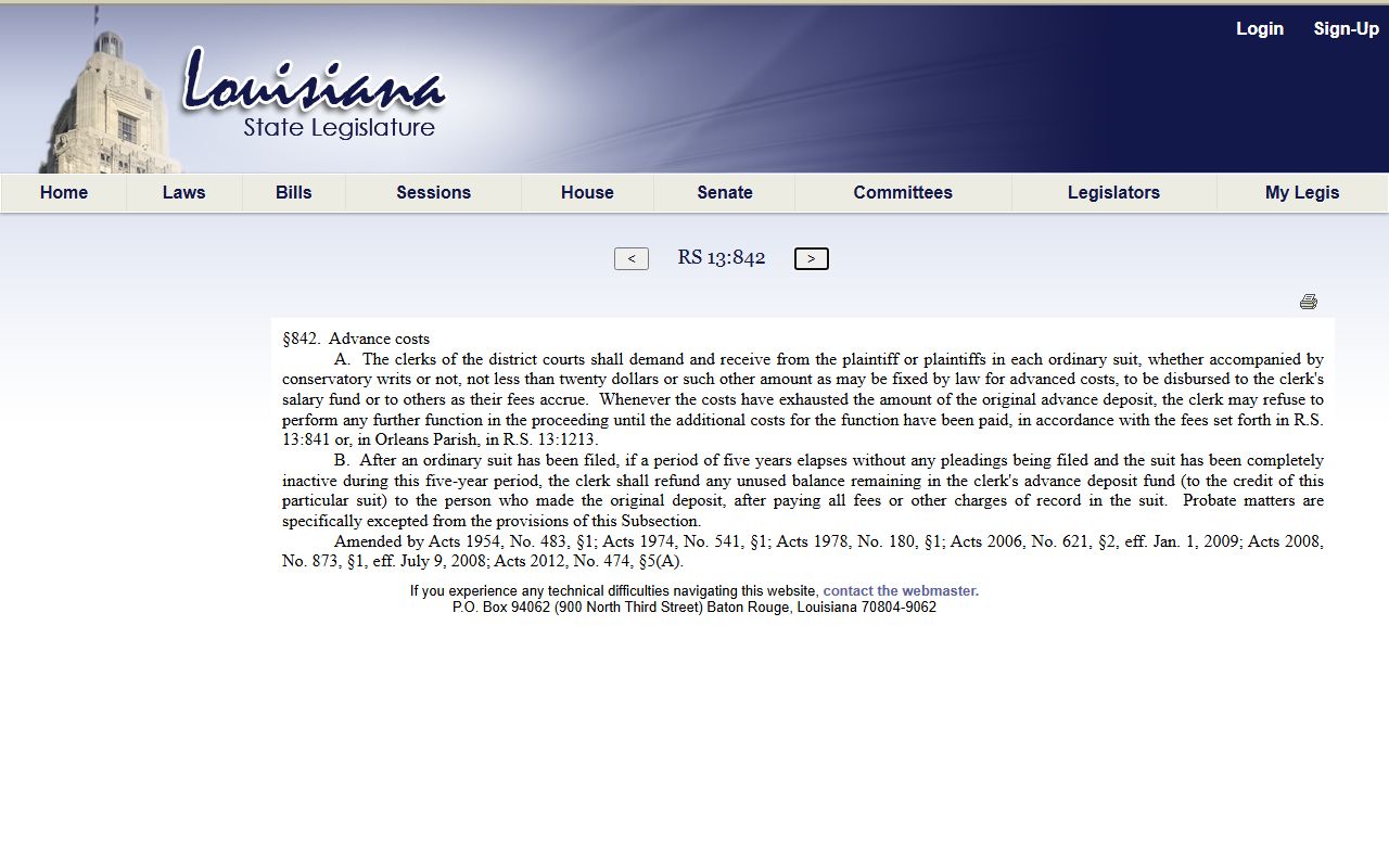 Louisiana advance costs statute for district court filings