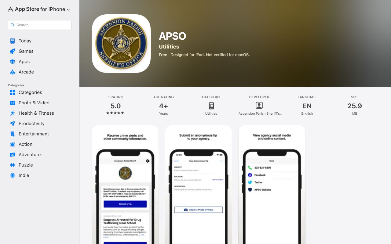 Ascension Parish warrant records APSO app tip listing